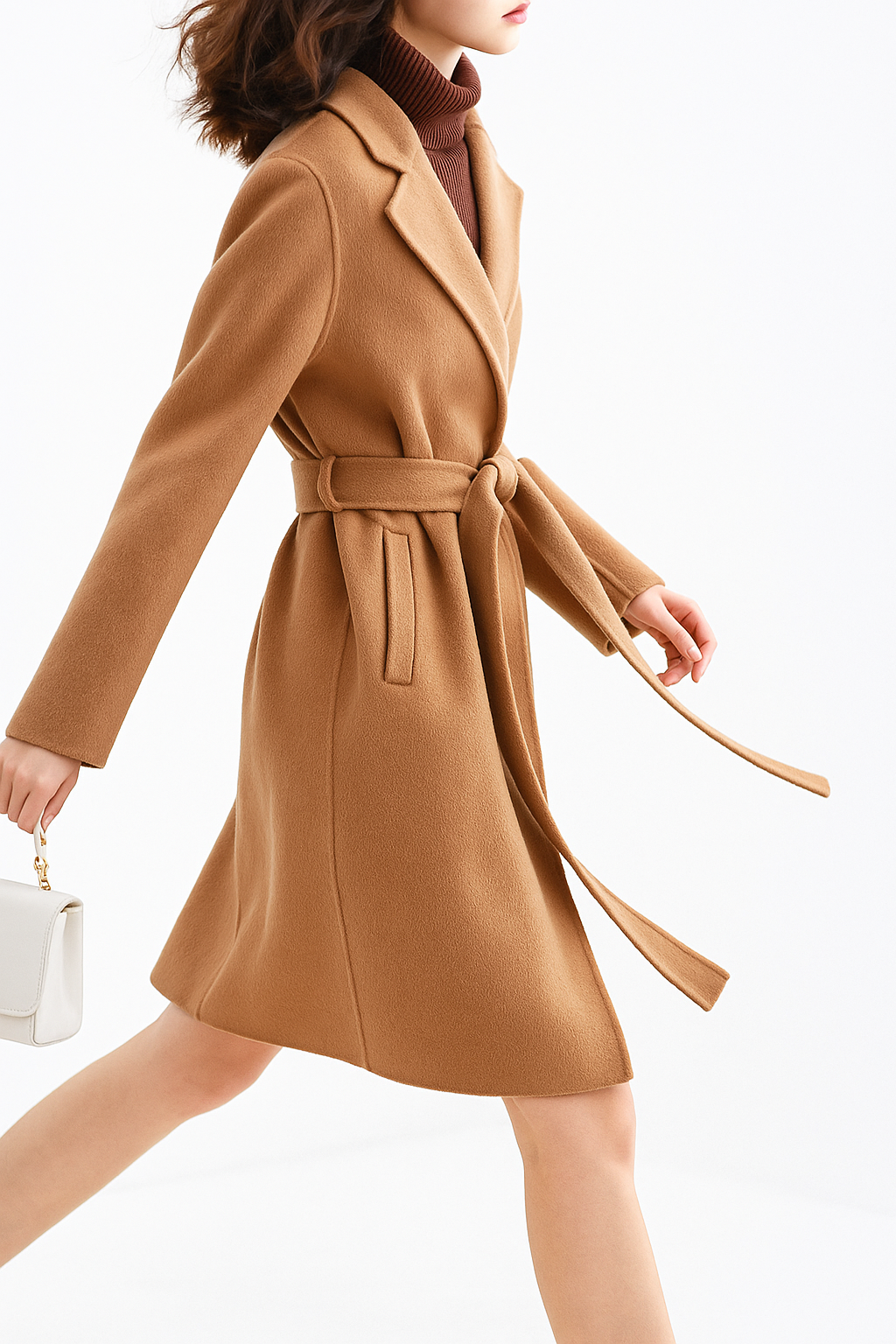 Wool belted midi coat in tan with notched lapels and waist tie, knee-length
