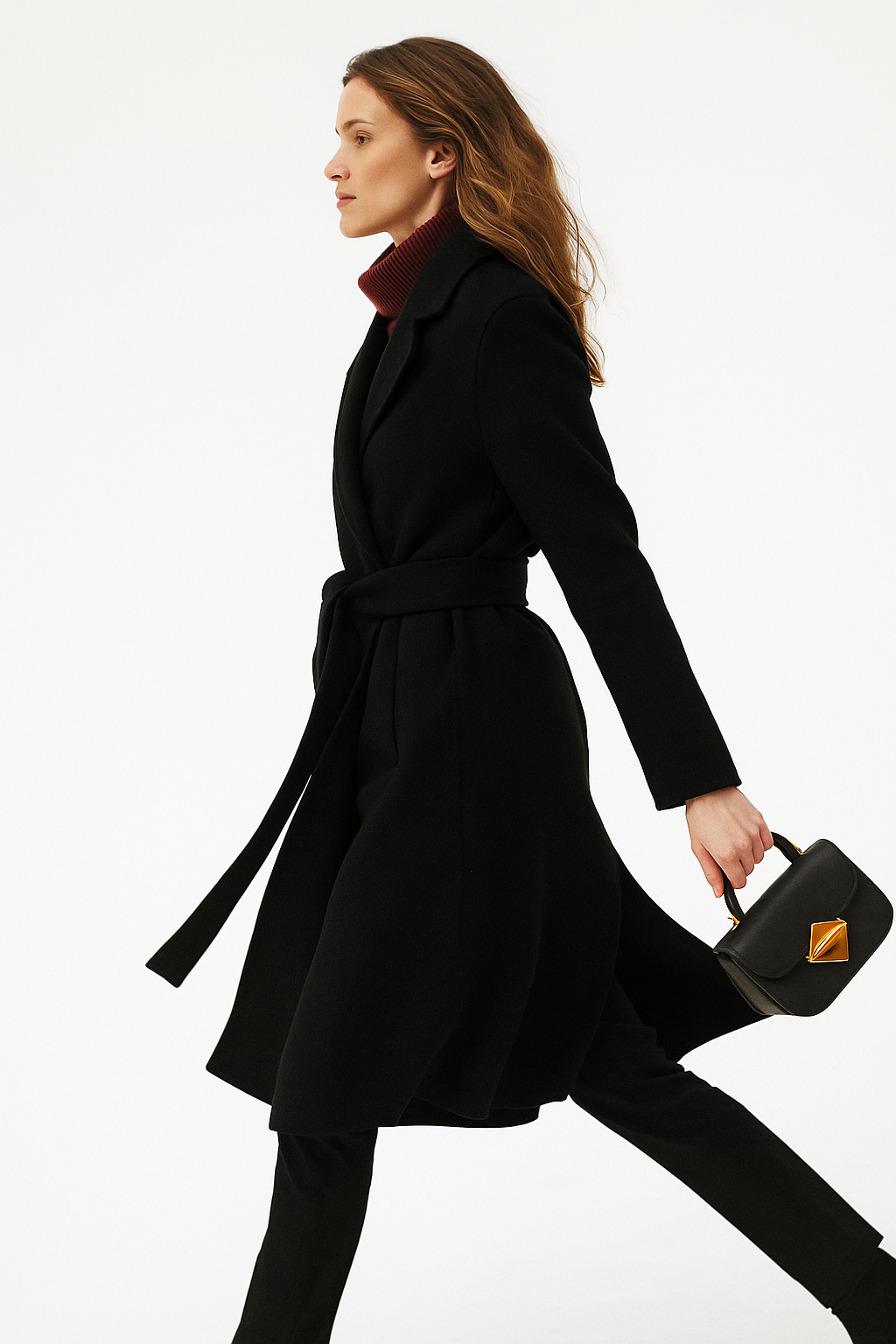 Black belted wool midi coat, side view with long sleeves and tie waist