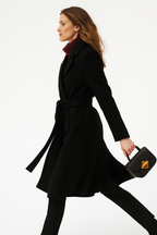 Black belted wool midi coat, side view with long sleeves and tie waist