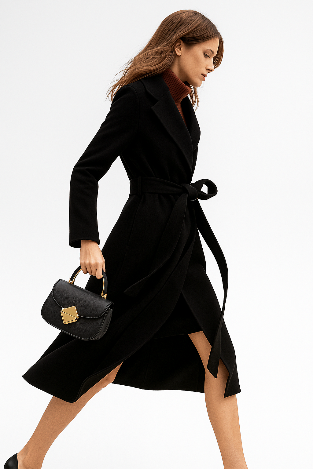 Black belted wool midi coat with wrap-style front and tie belt at waist