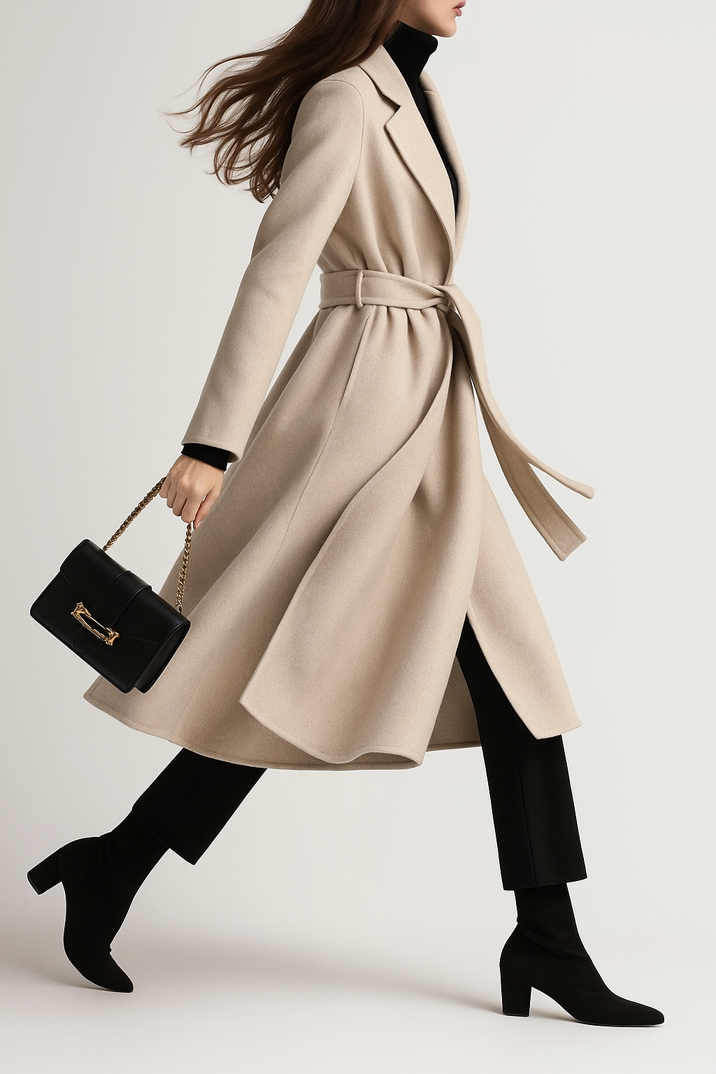 Wool belted midi coat in light beige with notched lapels and waist tie belt