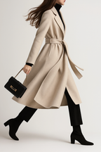 Wool belted midi coat in light beige with notched lapels and waist tie belt
