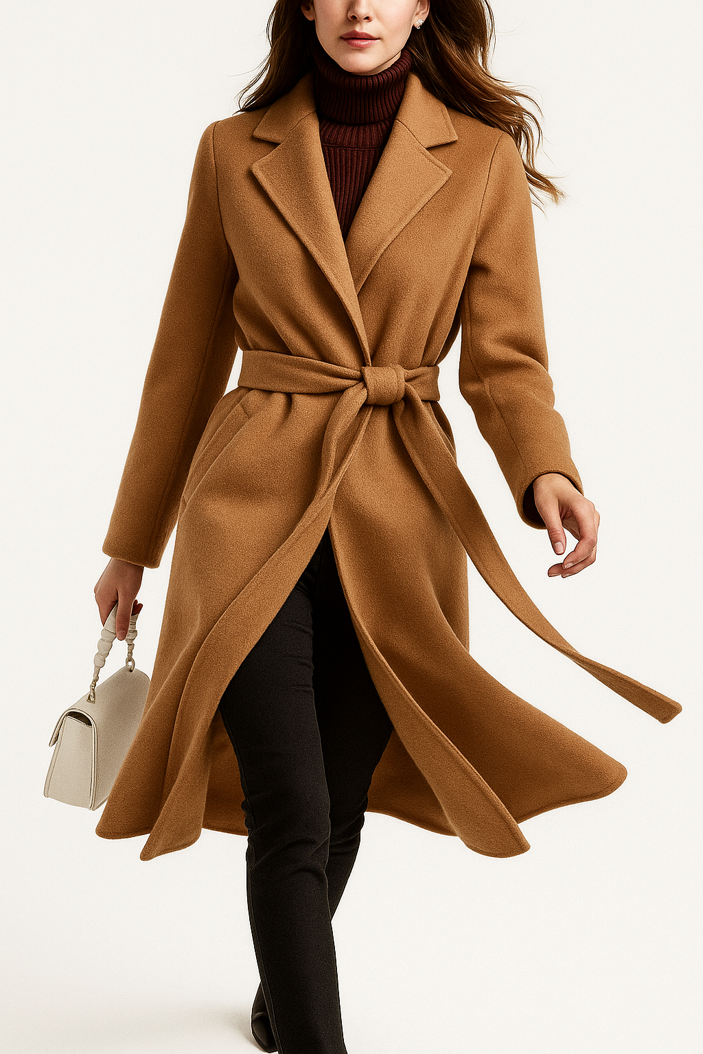 Wool belted midi coat in camel brown with shawl-style lapels and waist tie
