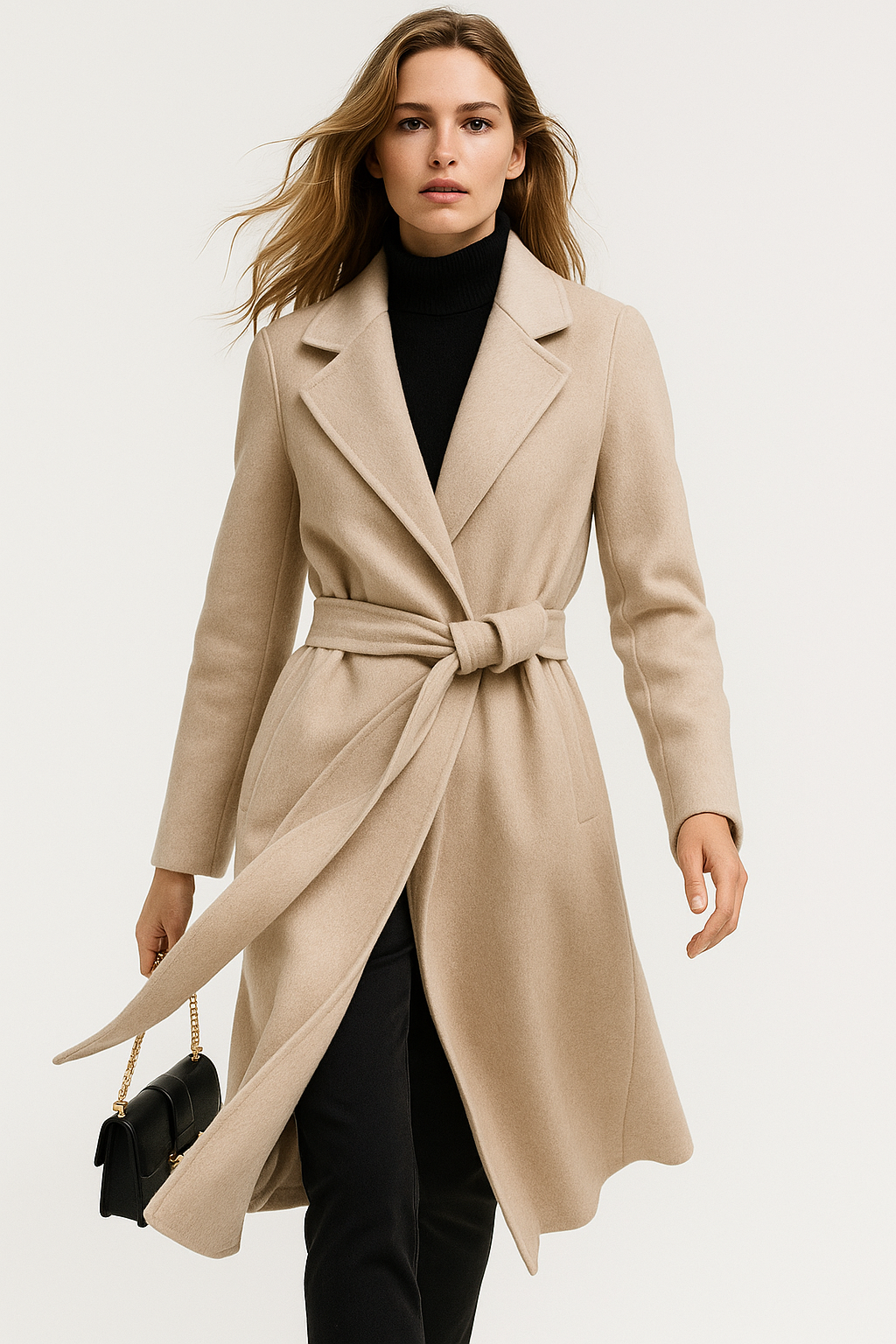 Wool belted midi coat in light beige with notched lapels and tied waist sash