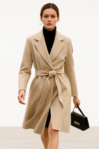 Ivory belted wool midi coat with notch lapels and long tie-belt waist