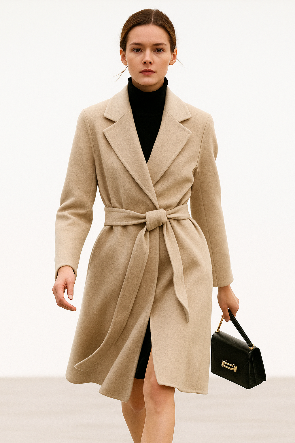 Ivory belted wool midi coat with notch lapels and long tie-belt waist