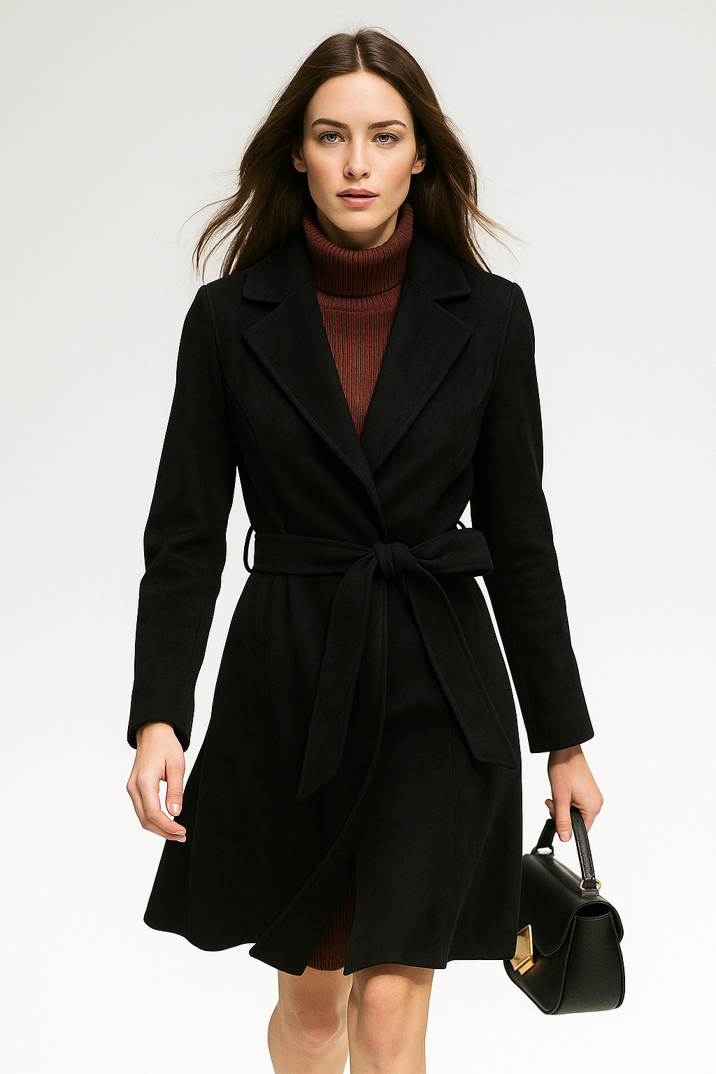 Black belted wool midi coat with wide lapels and tie waist