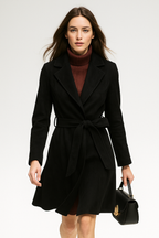Black belted wool midi coat with wide lapels and tie waist