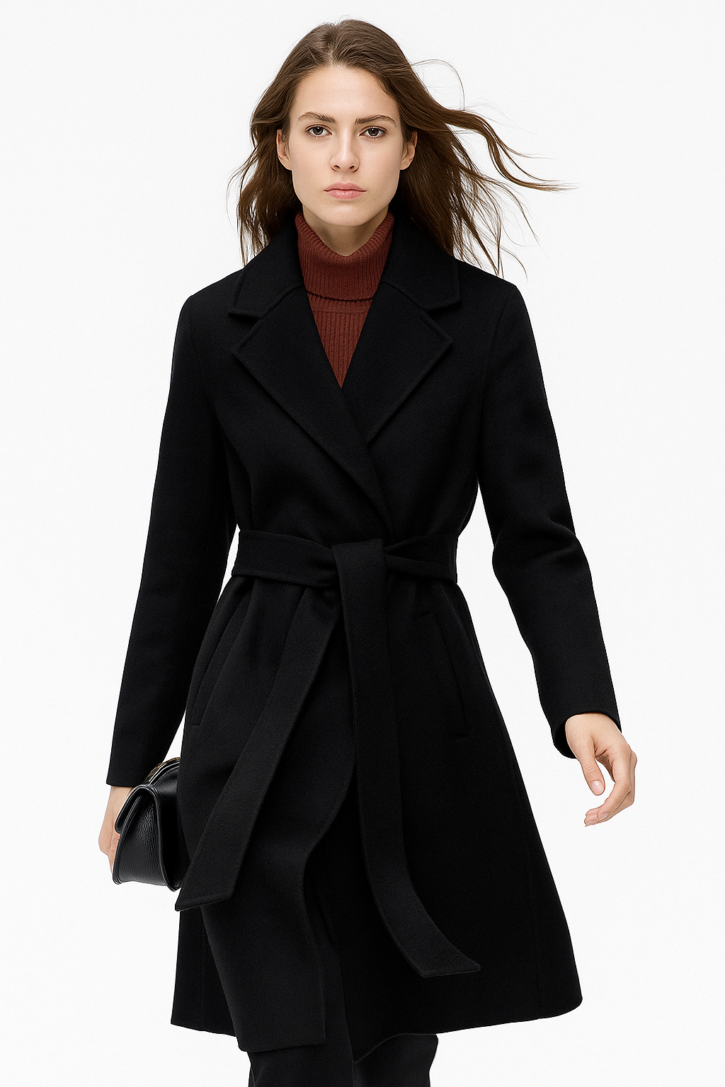 Black belted wool midi coat with notch lapels and tie waist