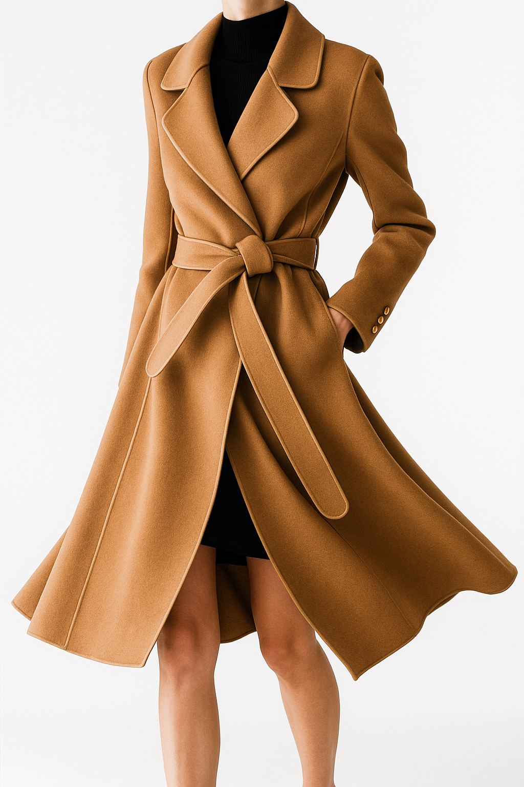 Tan/brown overcoat with notch lapels, waist belt tie, and flapped cuff details.