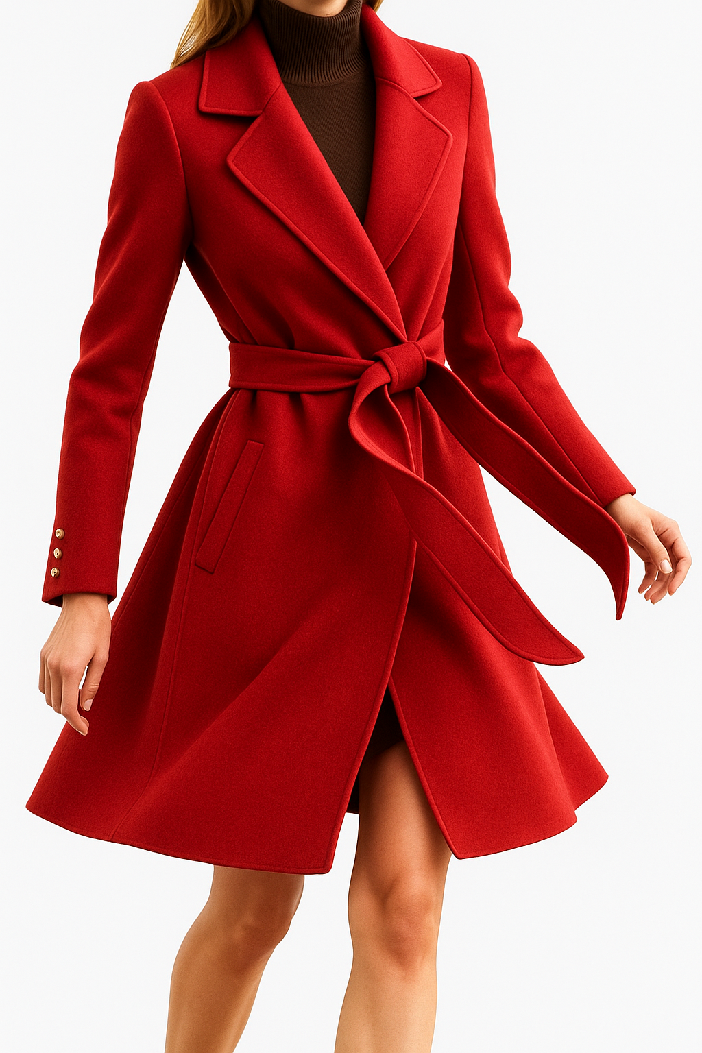 Red overcoat with notch lapels, waist belt tie, and long sleeves; flap pockets.