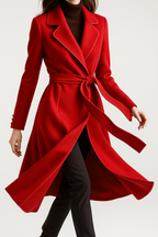Womens long belted red overcoat with notched lapels and tie waist detail