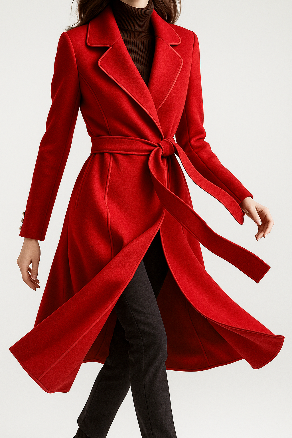 Womens long belted red overcoat with notched lapels and tie waist detail