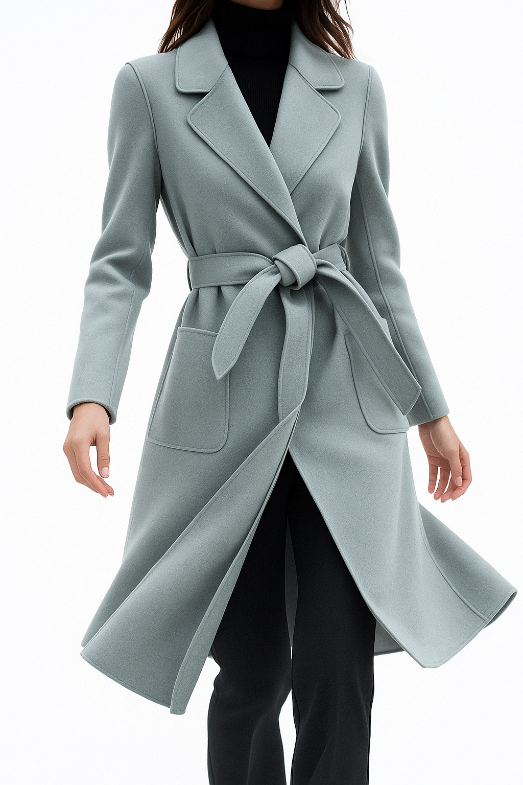 Womens long belted overcoat in dusty light blue with notched lapels and waist tie