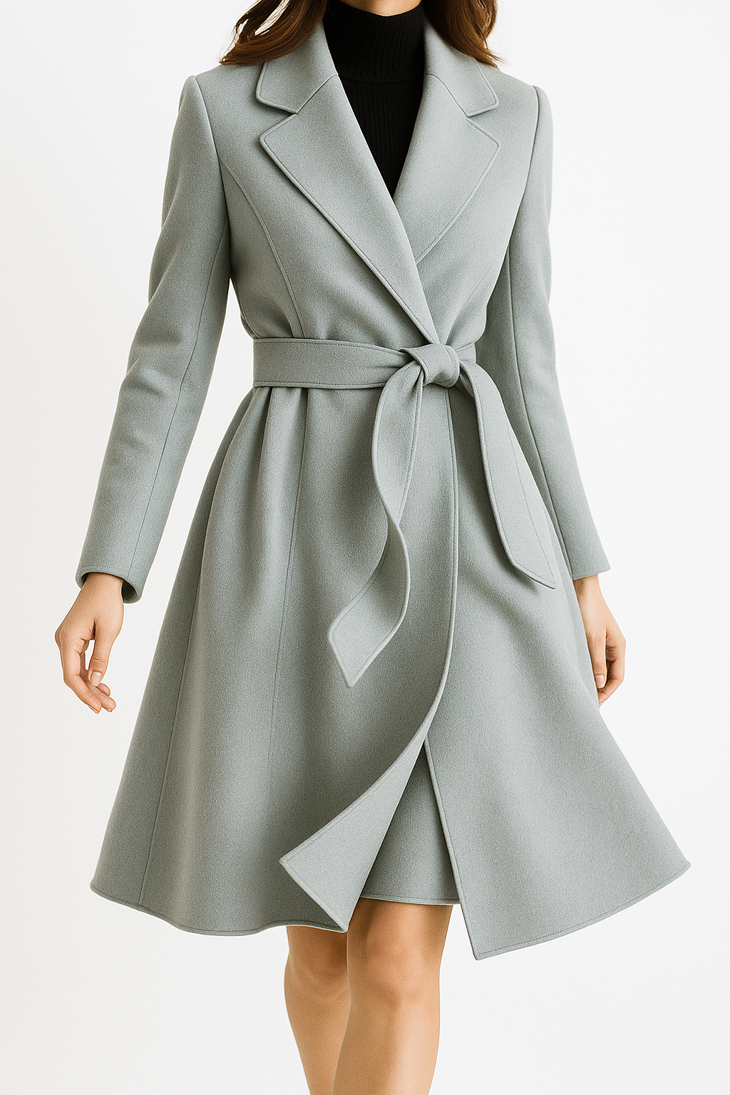 Light sage overcoat with notch lapels, waist belt tie, and flap pockets; long sleeves.