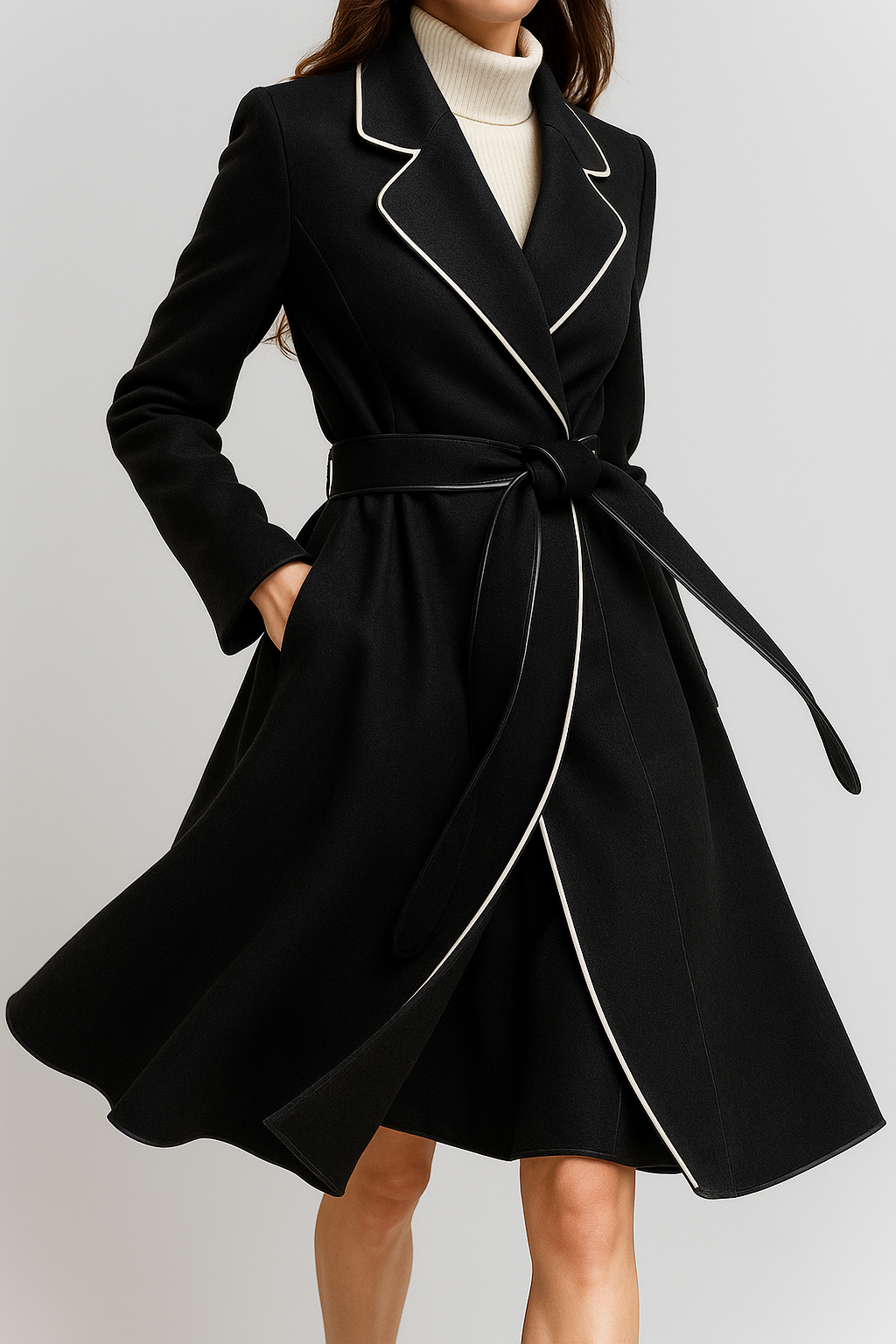 Womens long black overcoat with notched trim, belt tie, and contrast piping