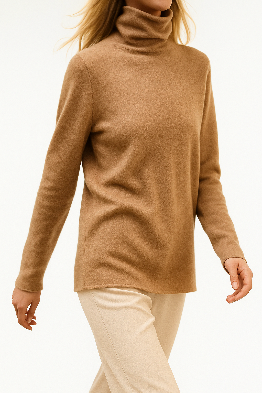 Women's slim-fit turtleneck knit sweater, tan camel knit, long sleeves, ribbed turtleneck.