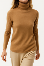 Camel turtleneck sweater close-up, long sleeves, fitted knit texture