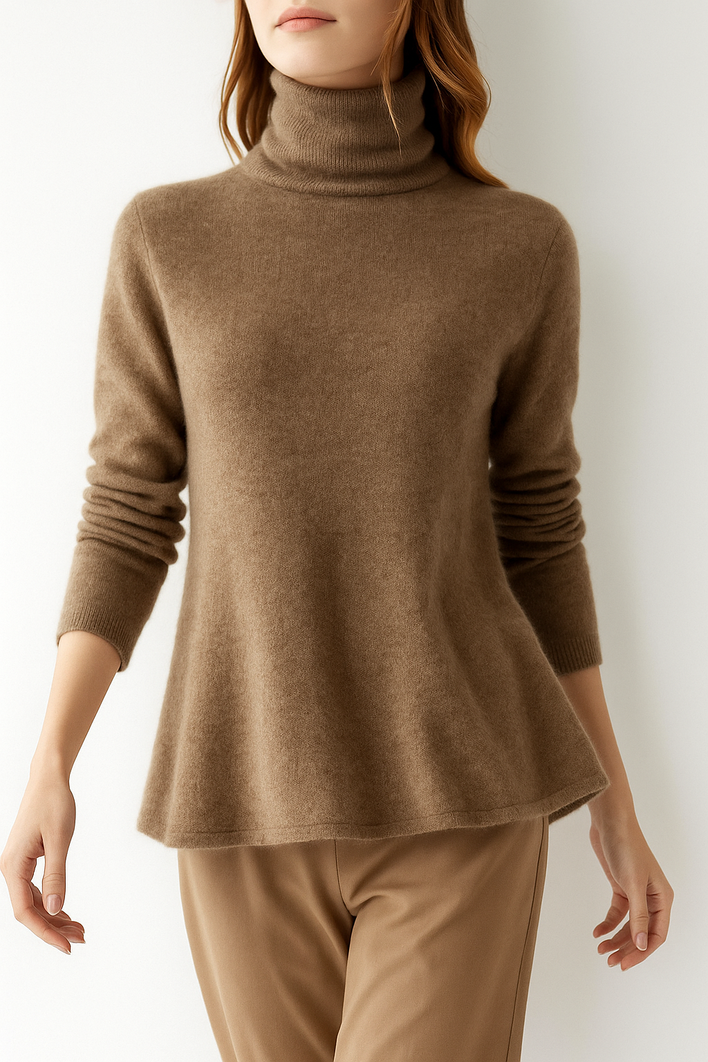 Women's slim-fit turtleneck knit sweater, brown camel knit, long sleeves, ribbed collar and hem.