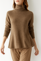 Women's slim-fit turtleneck knit sweater, brown camel knit, long sleeves, ribbed collar and hem.