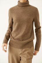 Women's slim-fit turtleneck knit sweater in camel-brown, long sleeves