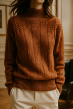 Rust brown cable knit mock neck sweater with raised cable motifs and ribbed cuffs.
