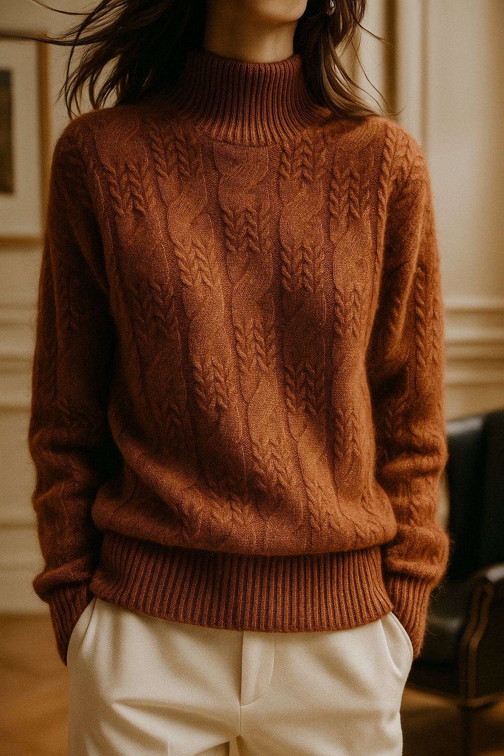 Rust brown cable knit mock neck sweater with raised cable motifs and ribbed cuffs.