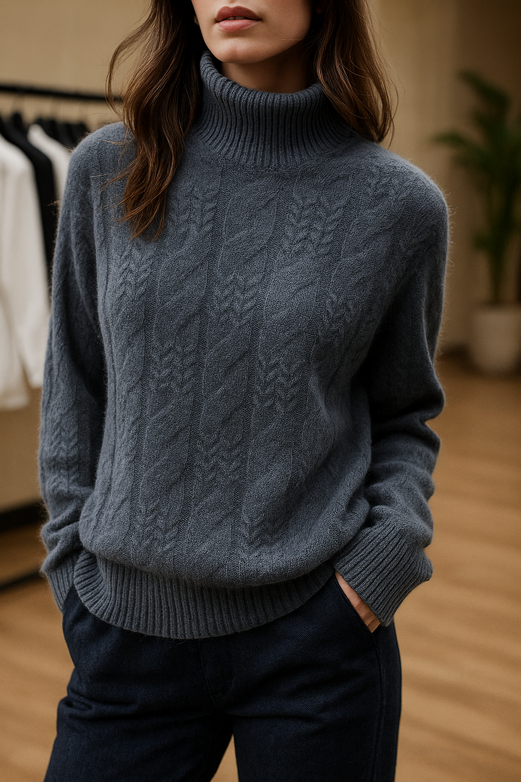 Blue-gray cable knit mock neck sweater with raised cable design and ribbed cuffs and hem.