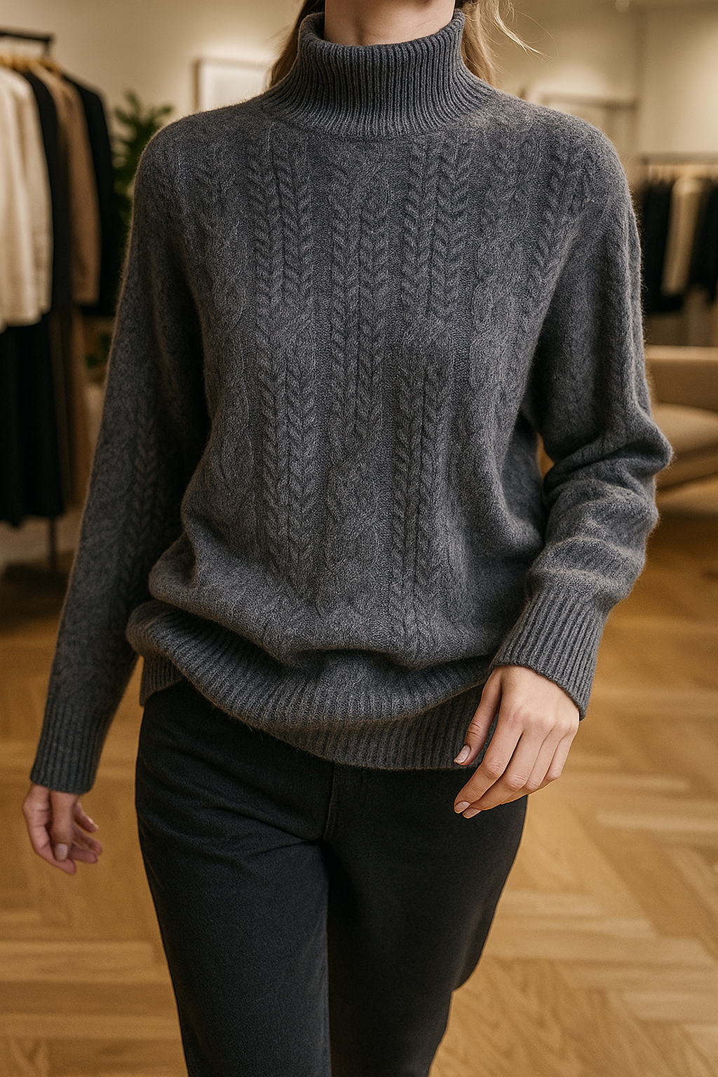 Gray cable knit mock neck sweater with long sleeves and ribbed cuffs