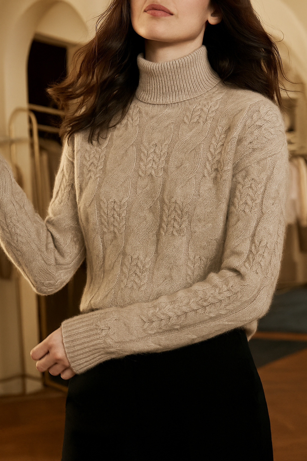Light beige cable knit mock neck sweater with long sleeves and ribbed neckline