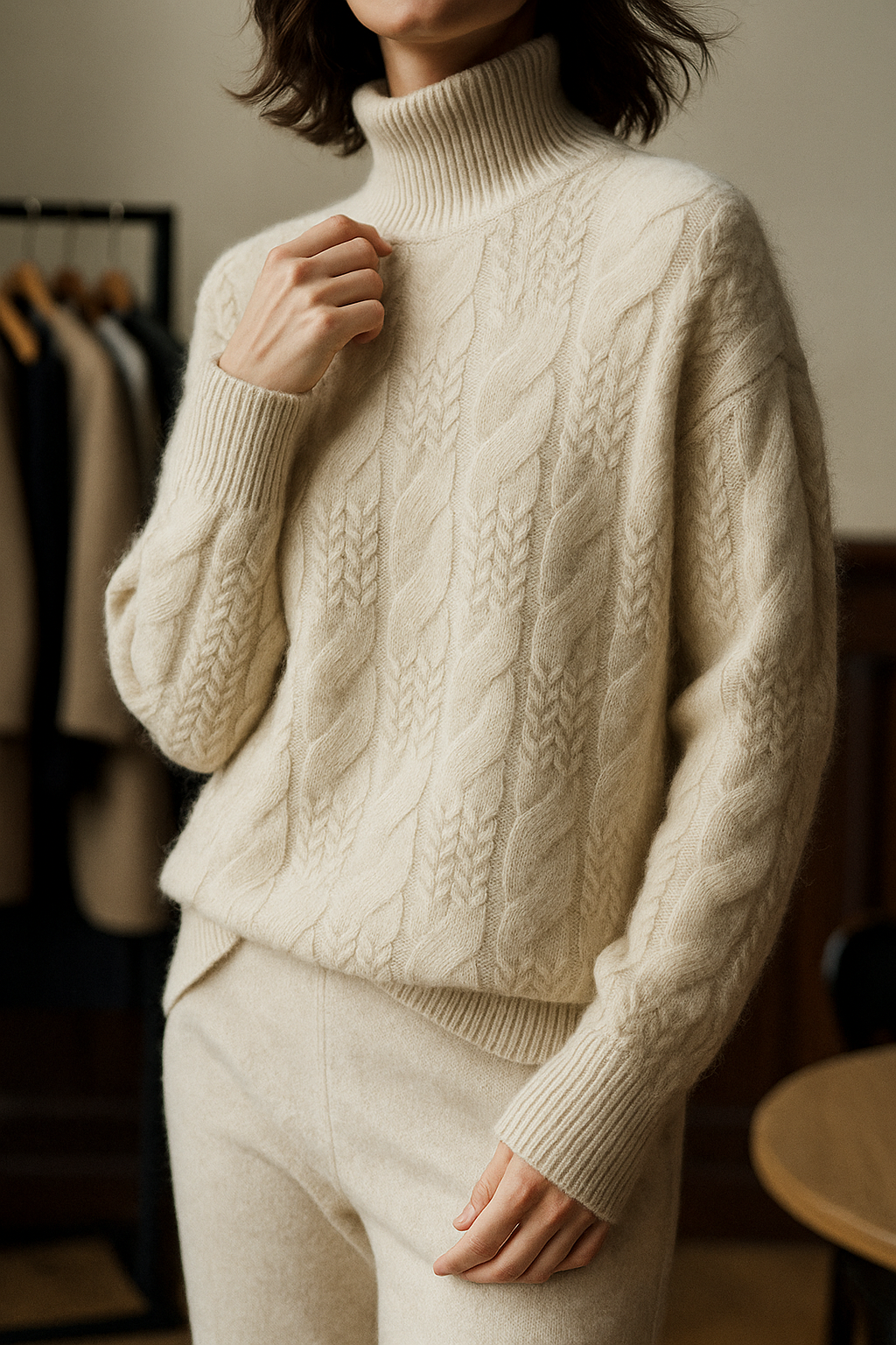 Cream cable knit mock neck sweater with vertical cable pattern and ribbed collar and cuffs.