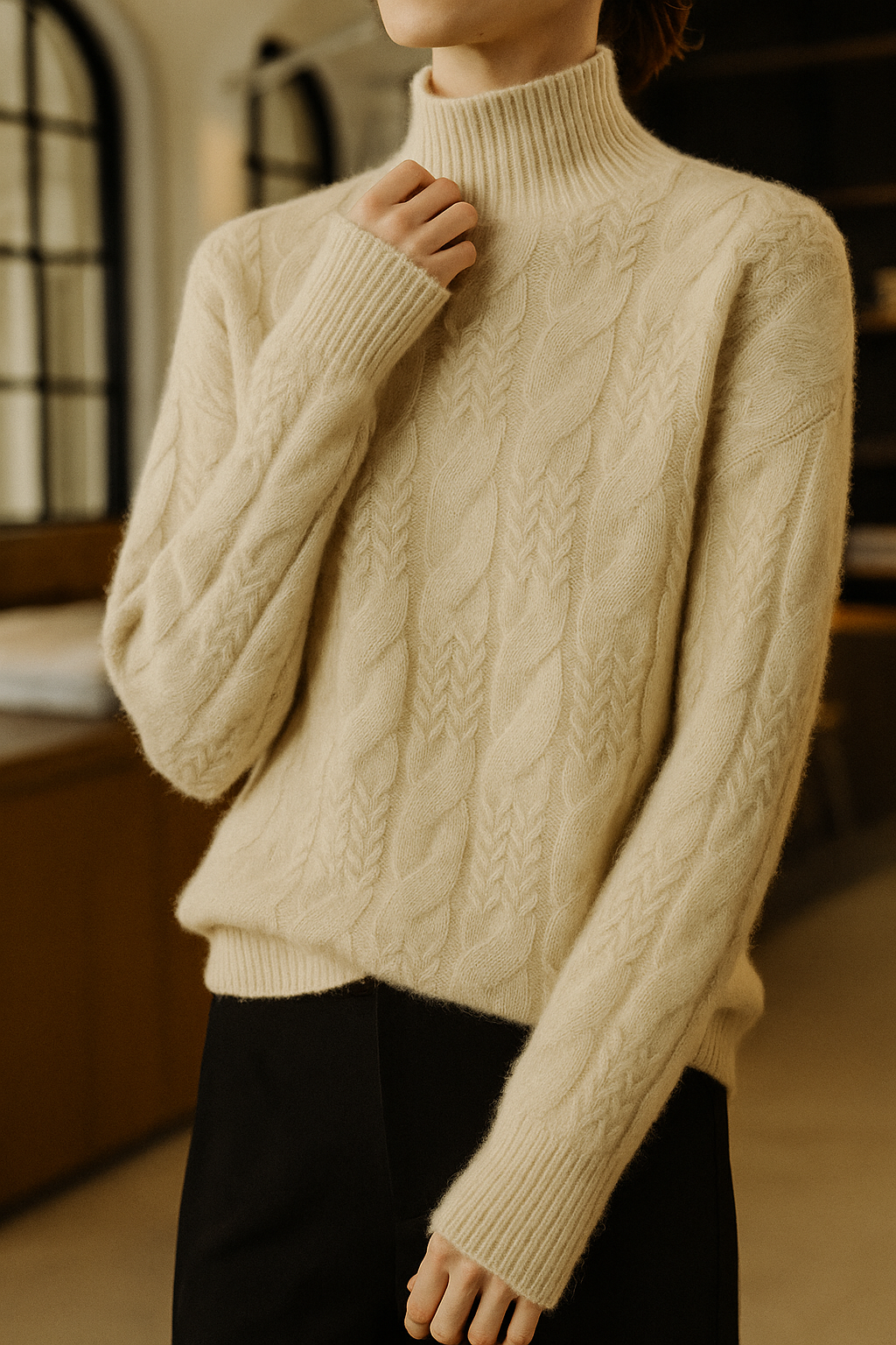 Ivory cable knit mock neck sweater with long sleeves and textured cable pattern