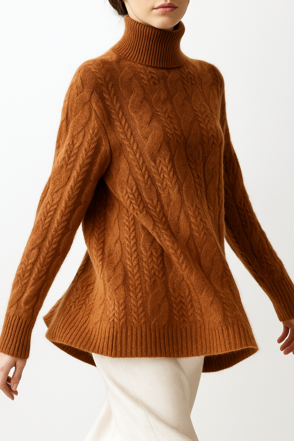 Chestnut cable knit mock neck sweater with long sleeves and ribbed cuffs