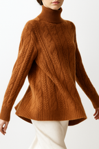 Chestnut cable knit mock neck sweater with long sleeves and ribbed cuffs