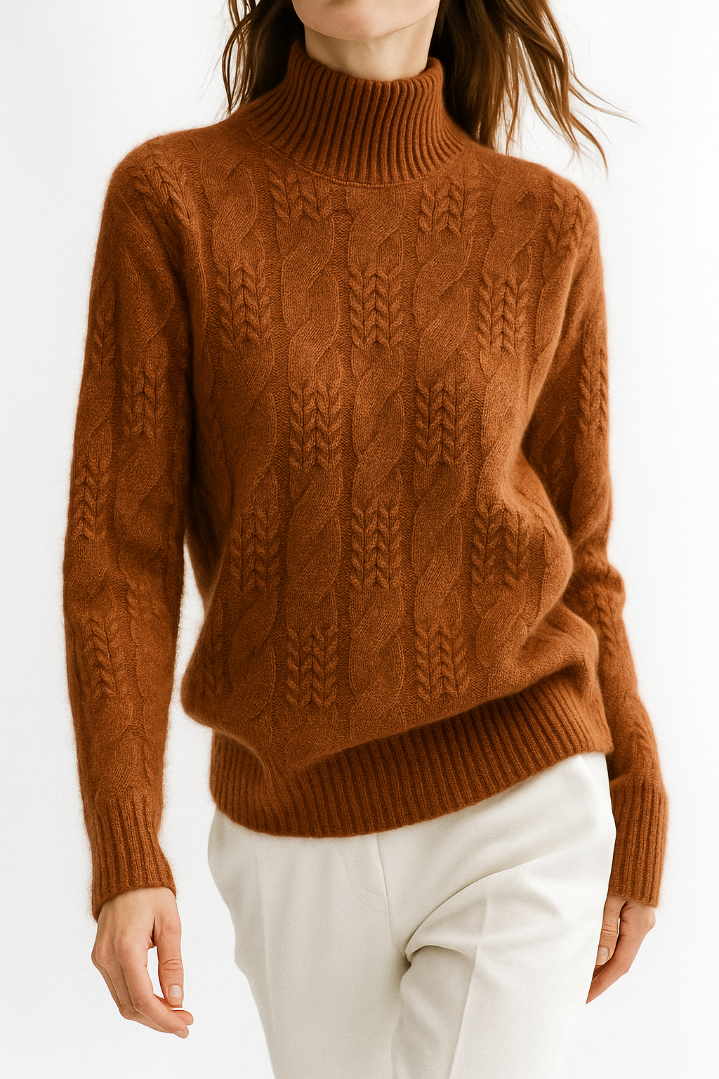 Chestnut cable knit mock neck sweater with long sleeves and ribbed hem