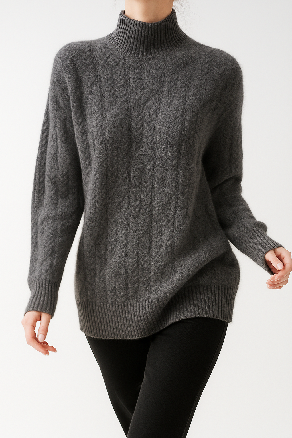 Charcoal gray cable knit mock neck sweater with long sleeves and ribbed hem