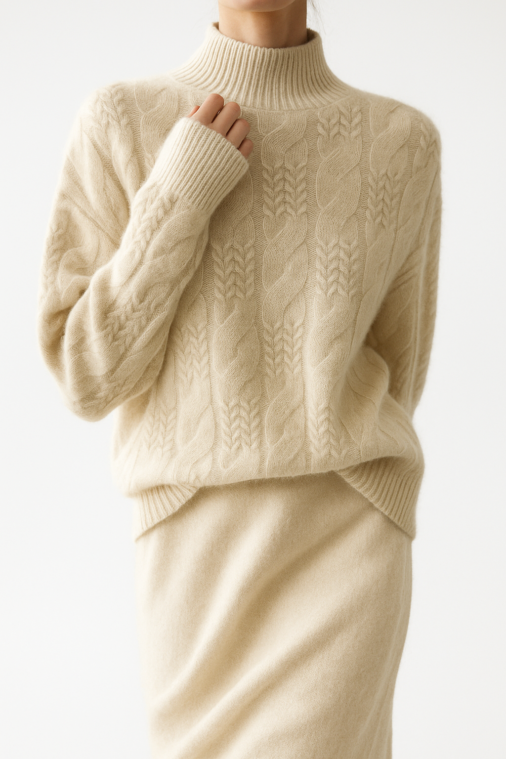 Cream cable knit mock neck sweater, ribbed cuffs and hem, textured knit pattern.