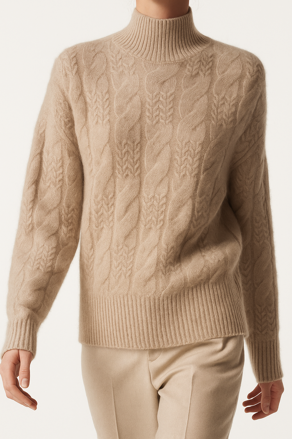Women’s cream cable knit mock neck sweater with long sleeves