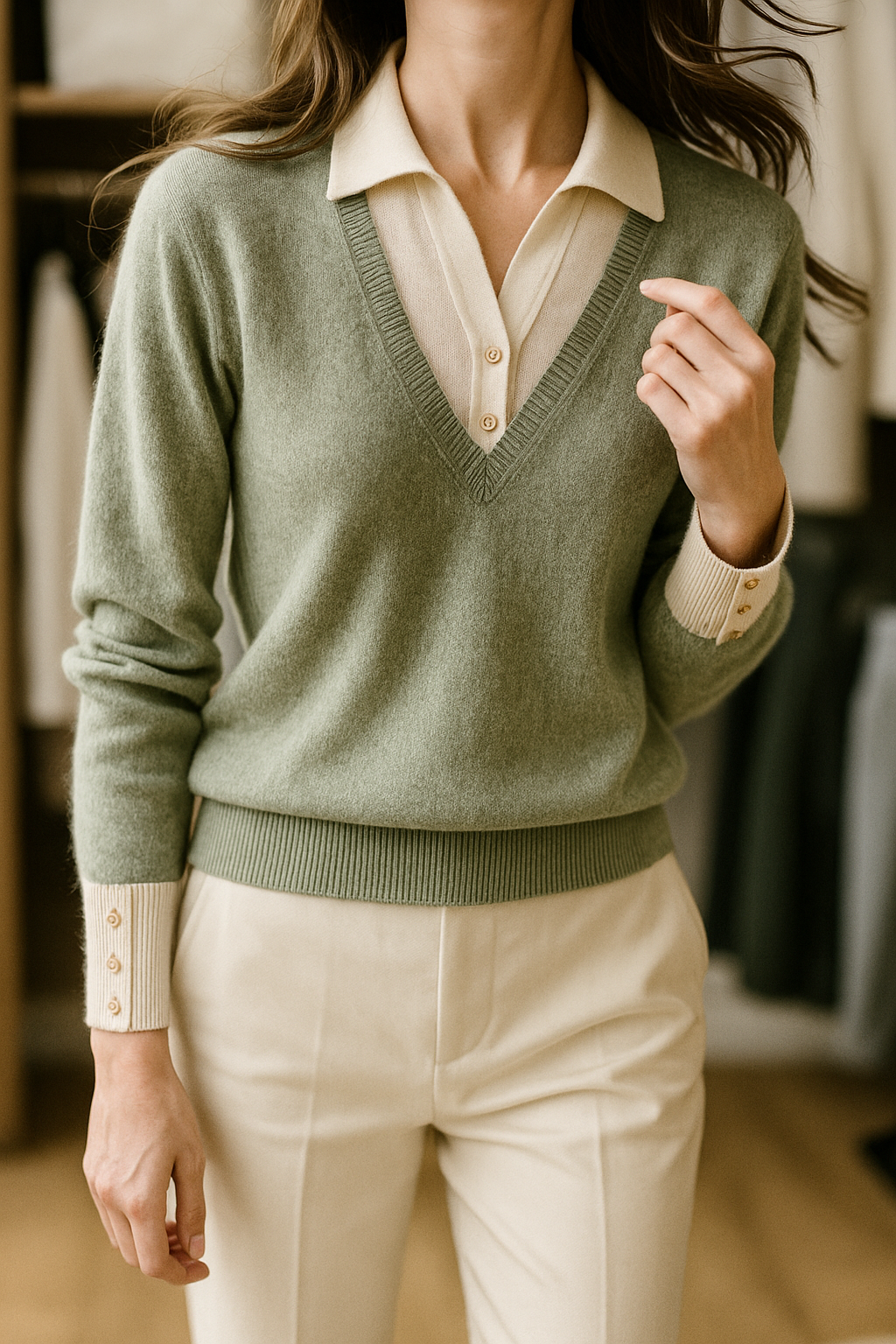 Sage green layered-look collared knit sweater with V-neck and button-front collar