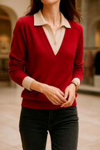 Deep red layered-look collared knit sweater with V-neck and button-front collar