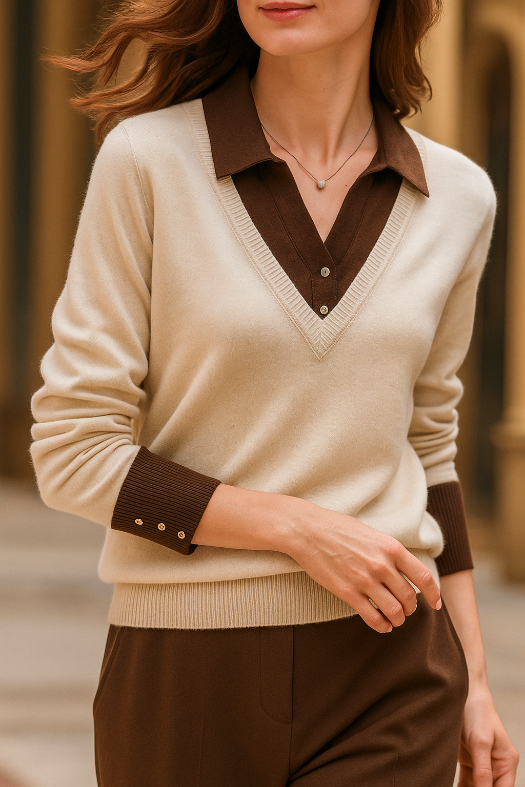 Ivory knit sweater with V-neck layered look and brown collared shirt front