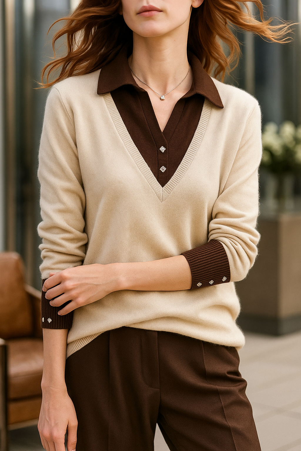 Ivory V-neck knit sweater with layered brown collared placket and long sleeves