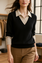 Black knit sweater with layered collared shirt detail and V-neck trim