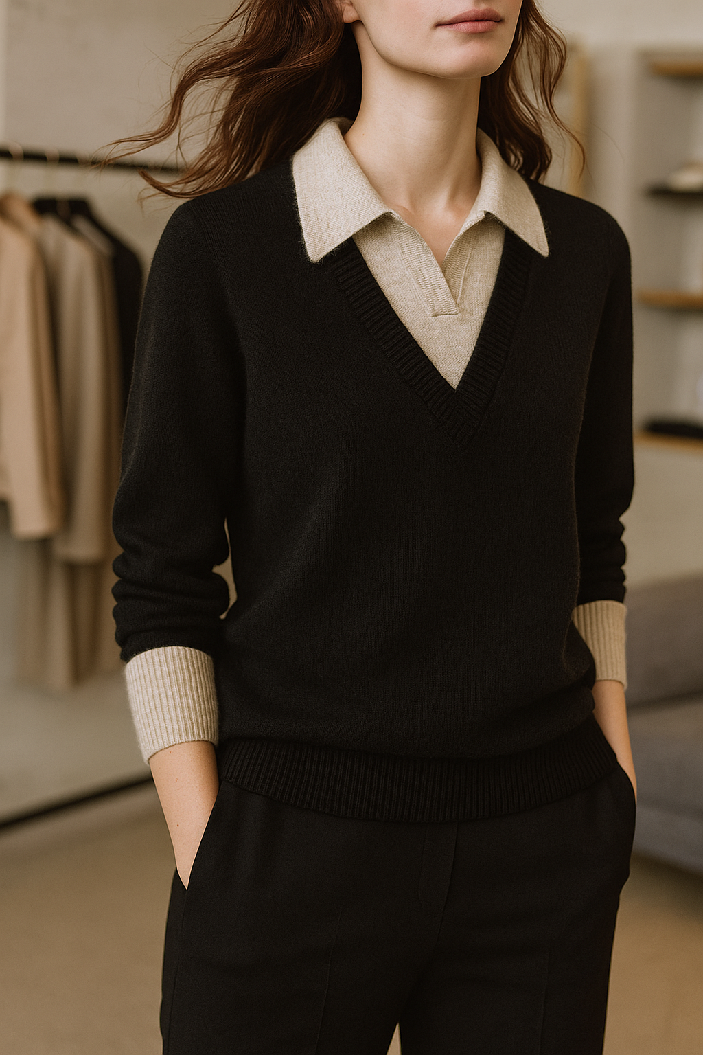 Black V-neck knit sweater with layered collared look and ribbed cuffs