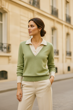 Olive green layered-look collared knit sweater with V-neck and button-front collar