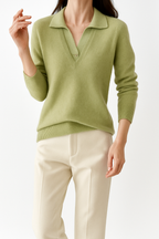 Light green layered-look collared knit sweater with V-neck and button-front collar