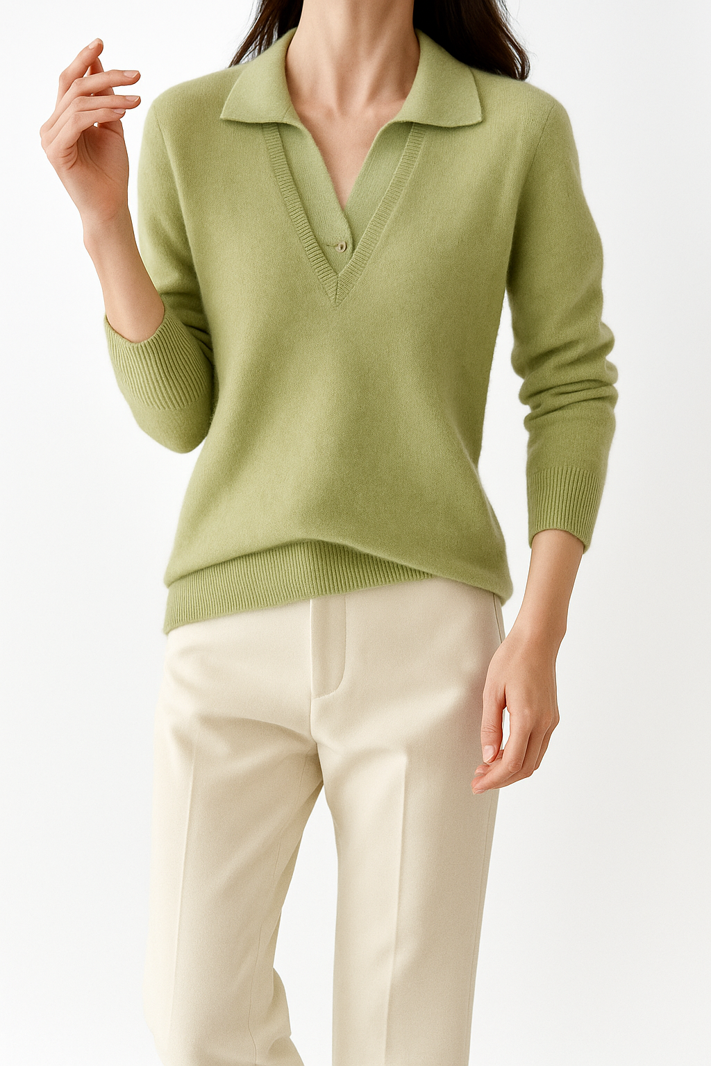 Light green layered-look collared knit sweater with V-neck and button-front collar
