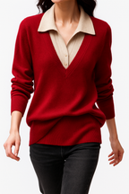 Red layered-look collared knit sweater with V-neck and button-front collar