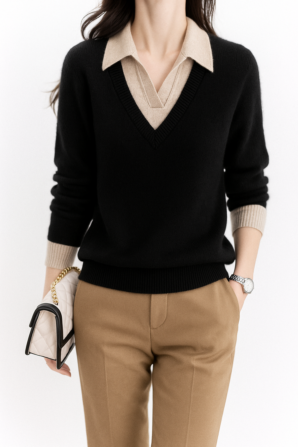 Black layered-look collared knit sweater with V-neck and beige button-front collar
