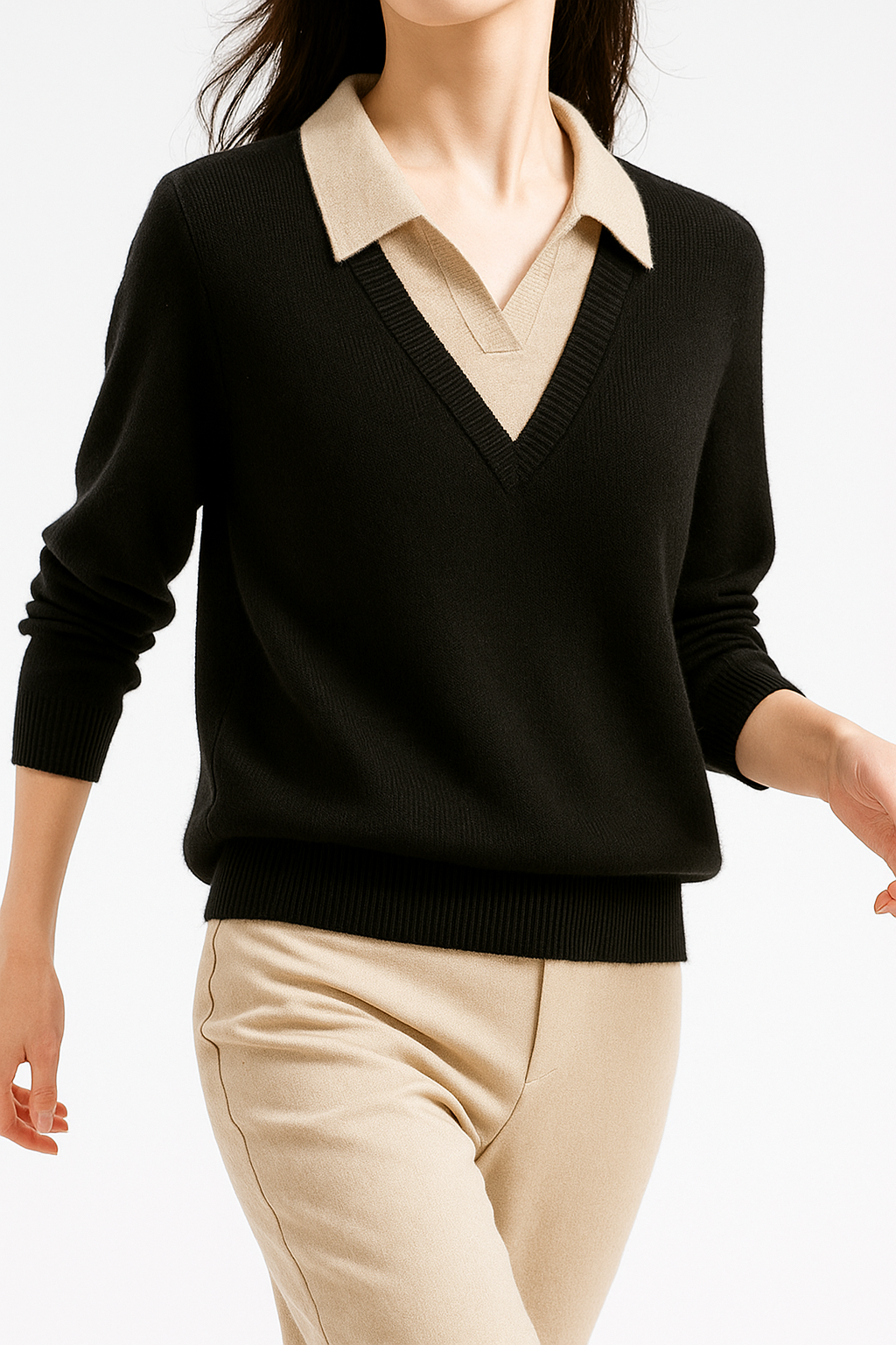 Black layered-look collared knit sweater with V-neck and tan button-front collar